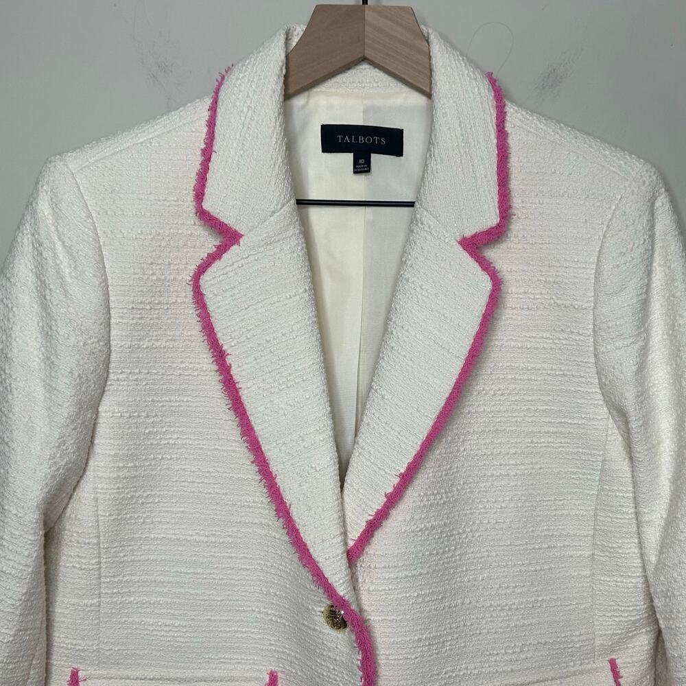 Talbots Cream Tweed Blazer Jacket Size 10 Pink Trim Preppy - Picture 3 of 10